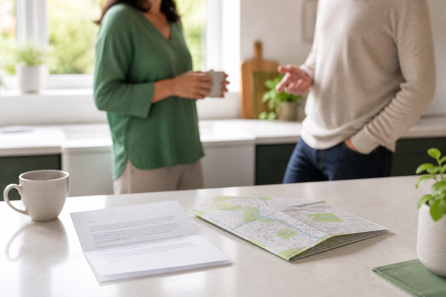 A community letter and local map on a kitchen table