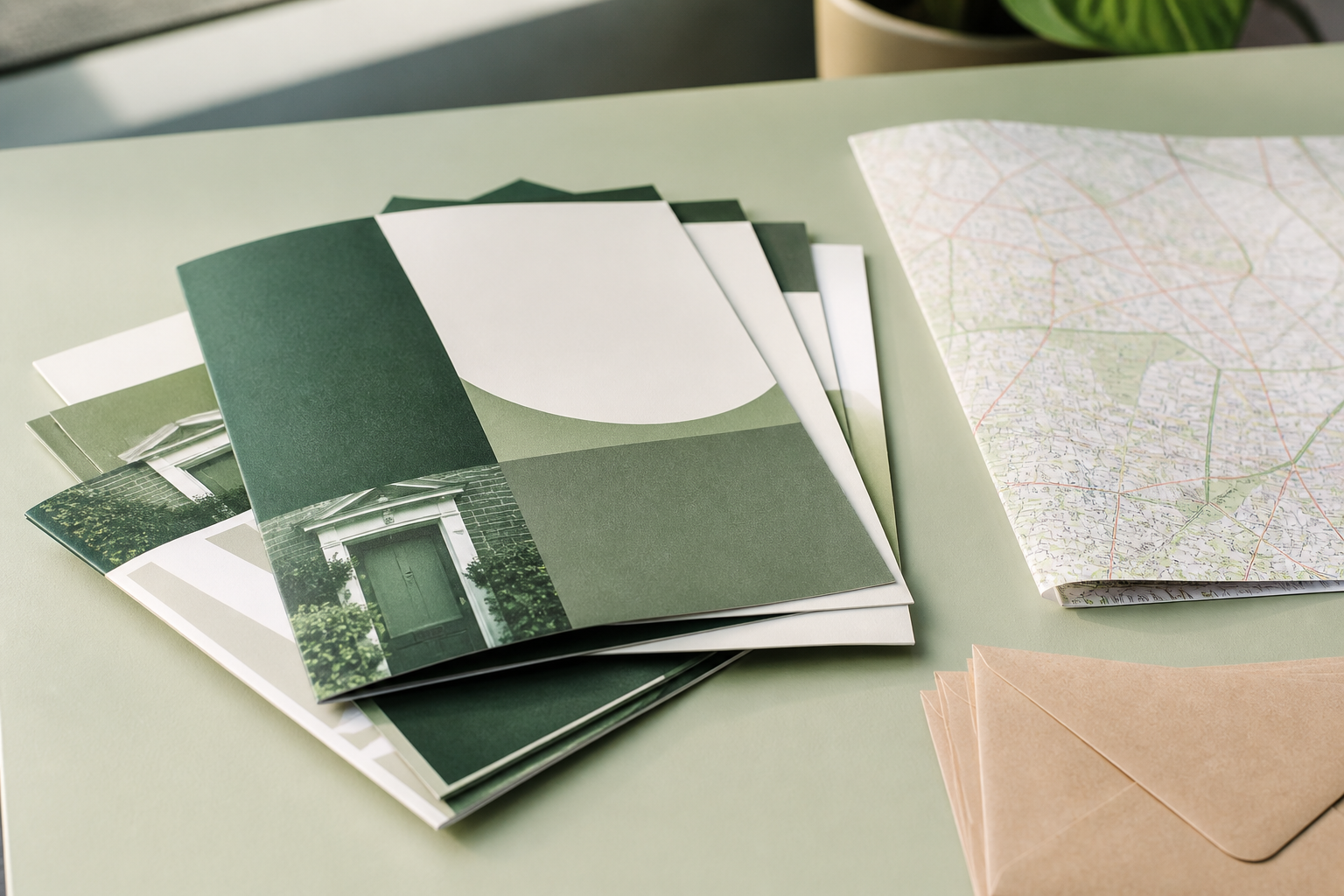 Unbranded door-drop leaflets, envelopes and a local map