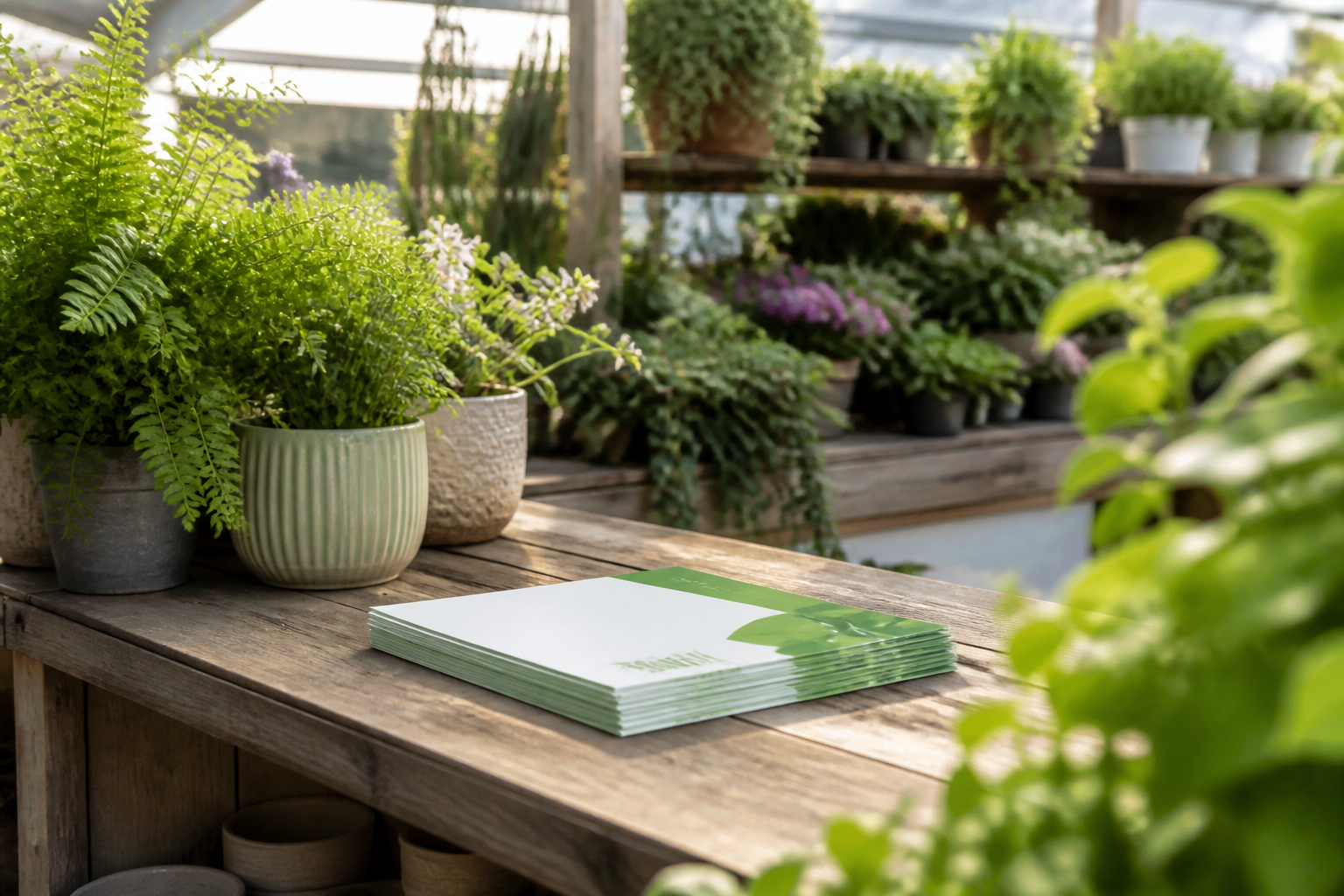 Leaflets on a potting bench among healthy garden-centre plants
