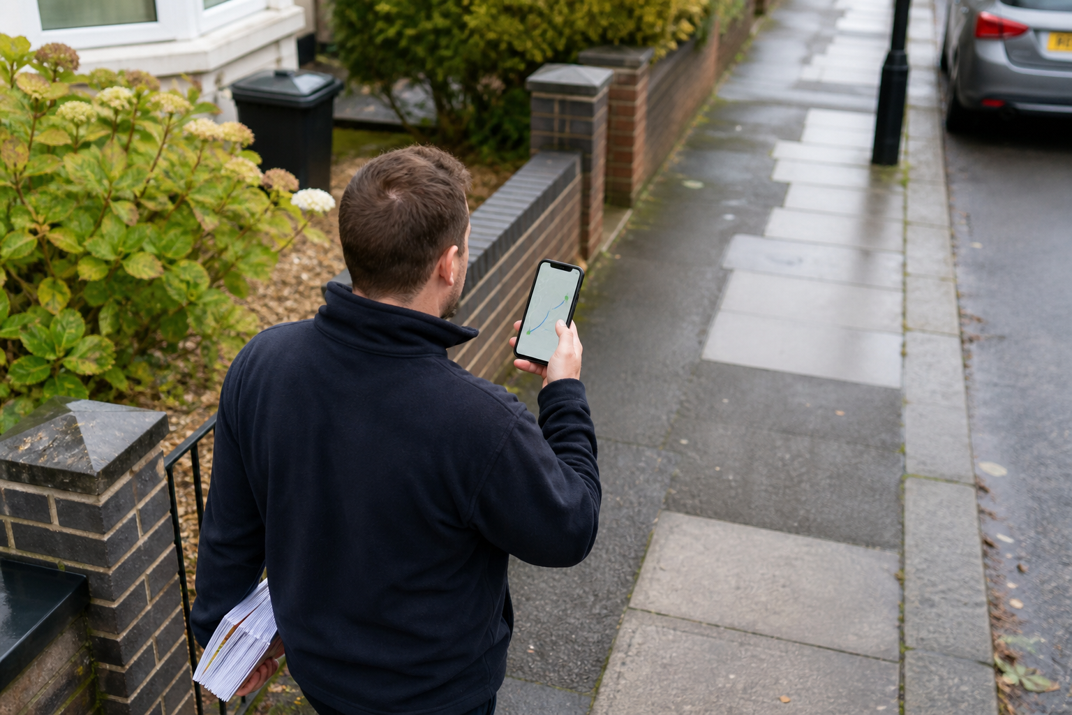 A delivery professional checking a live route on a phone