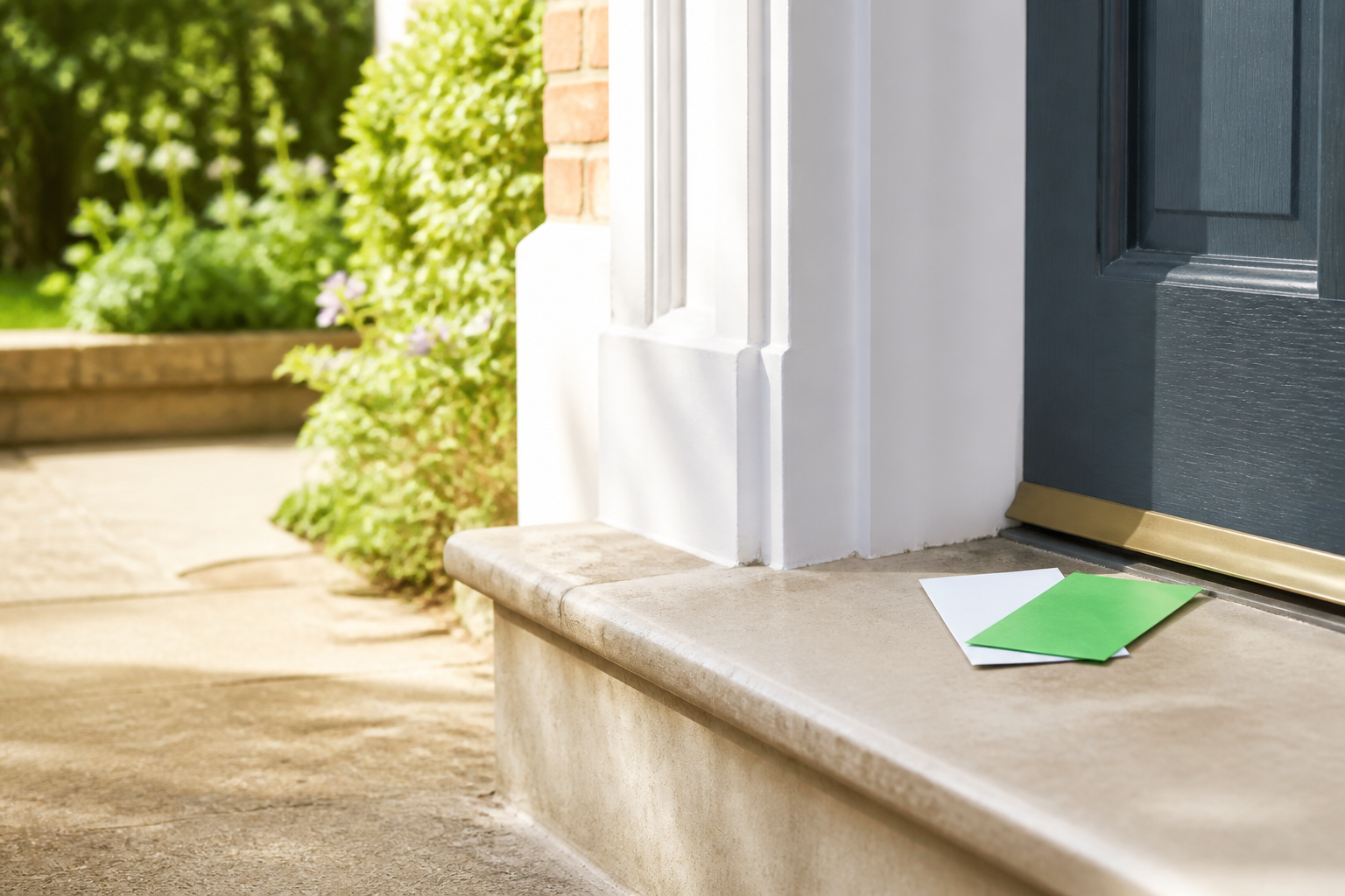 A community notice and green leaflet waiting beside a residential front door