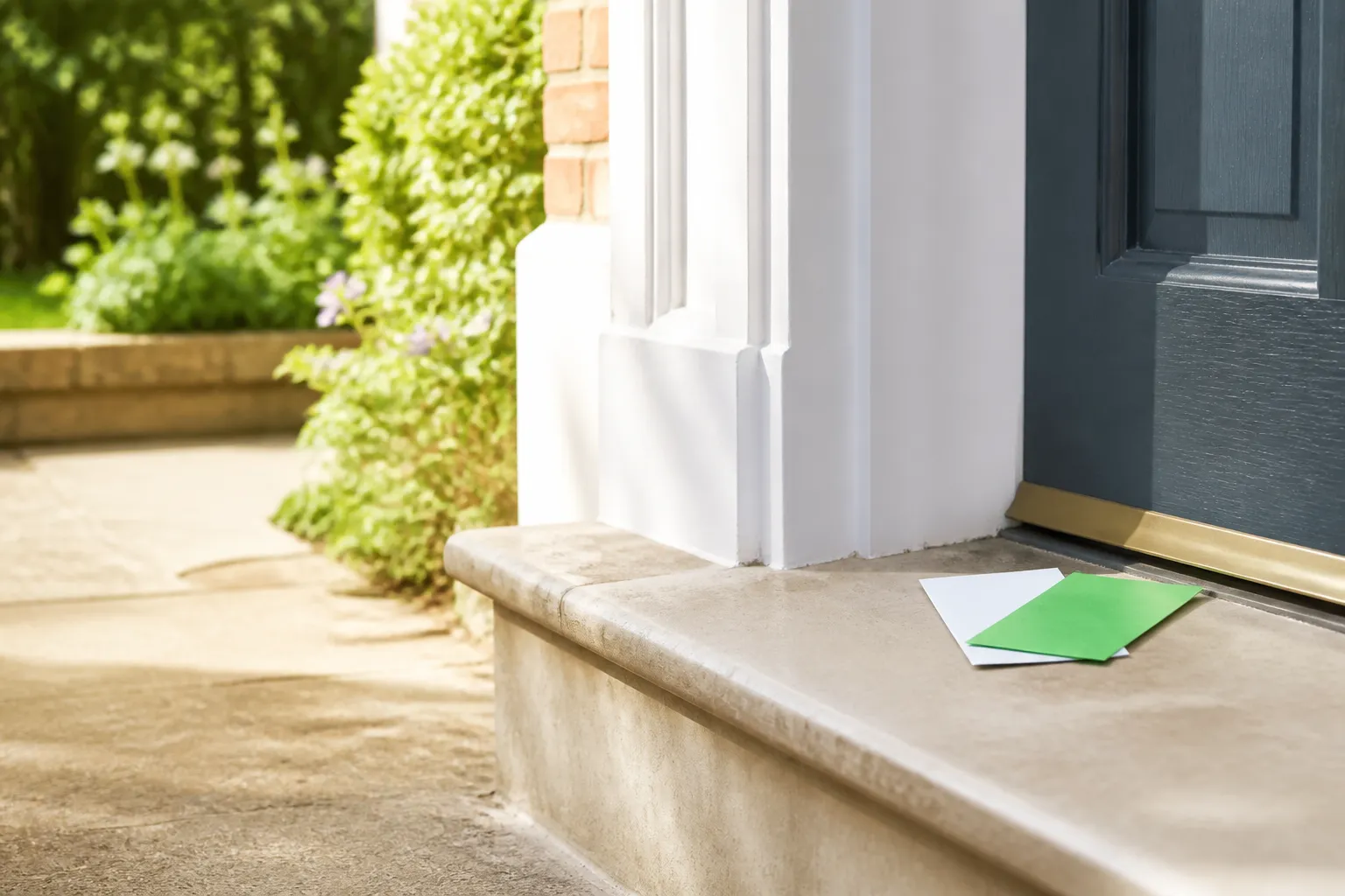 A community notice and green leaflet waiting beside a residential front door