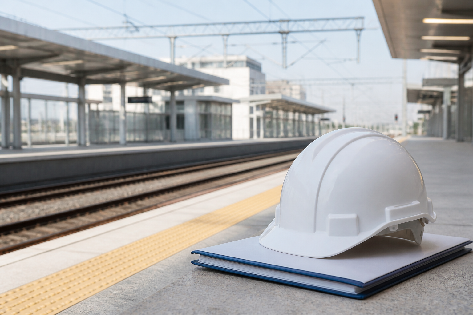 A hard hat and project folder beside a UK railway platform