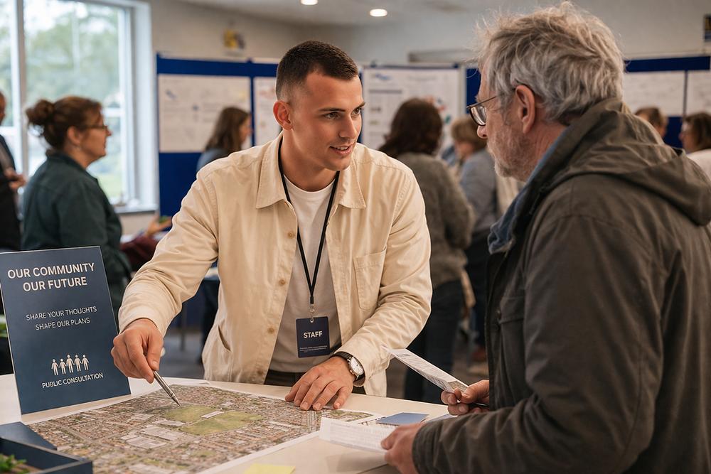 A Letterbox consultant reviewing local planning consultation materials with a resident at a community engagement event