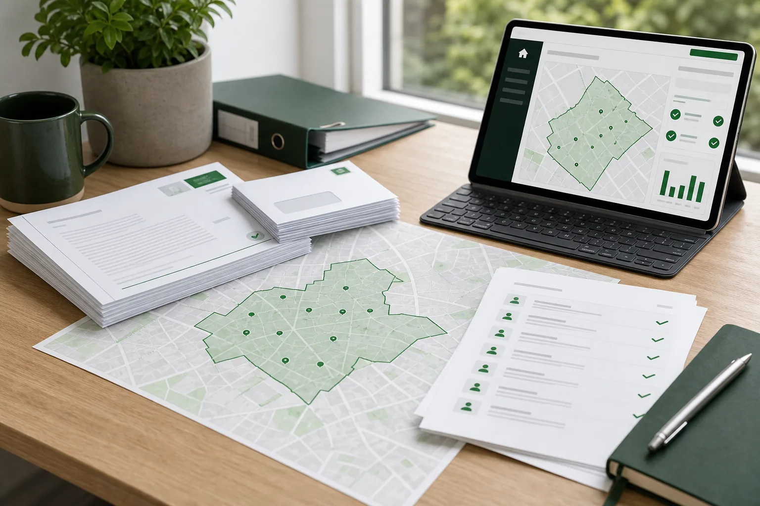 Council communication planning desk with delivery map, letters and reporting dashboard