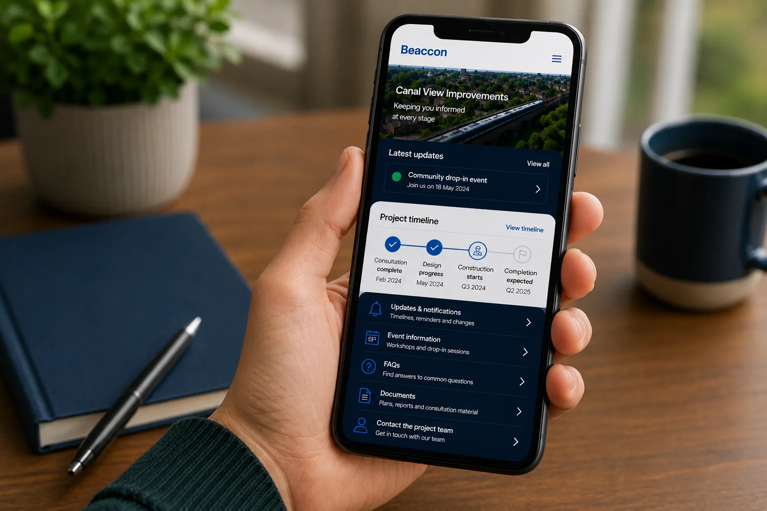 The Beaccon app showing a project timeline and latest updates