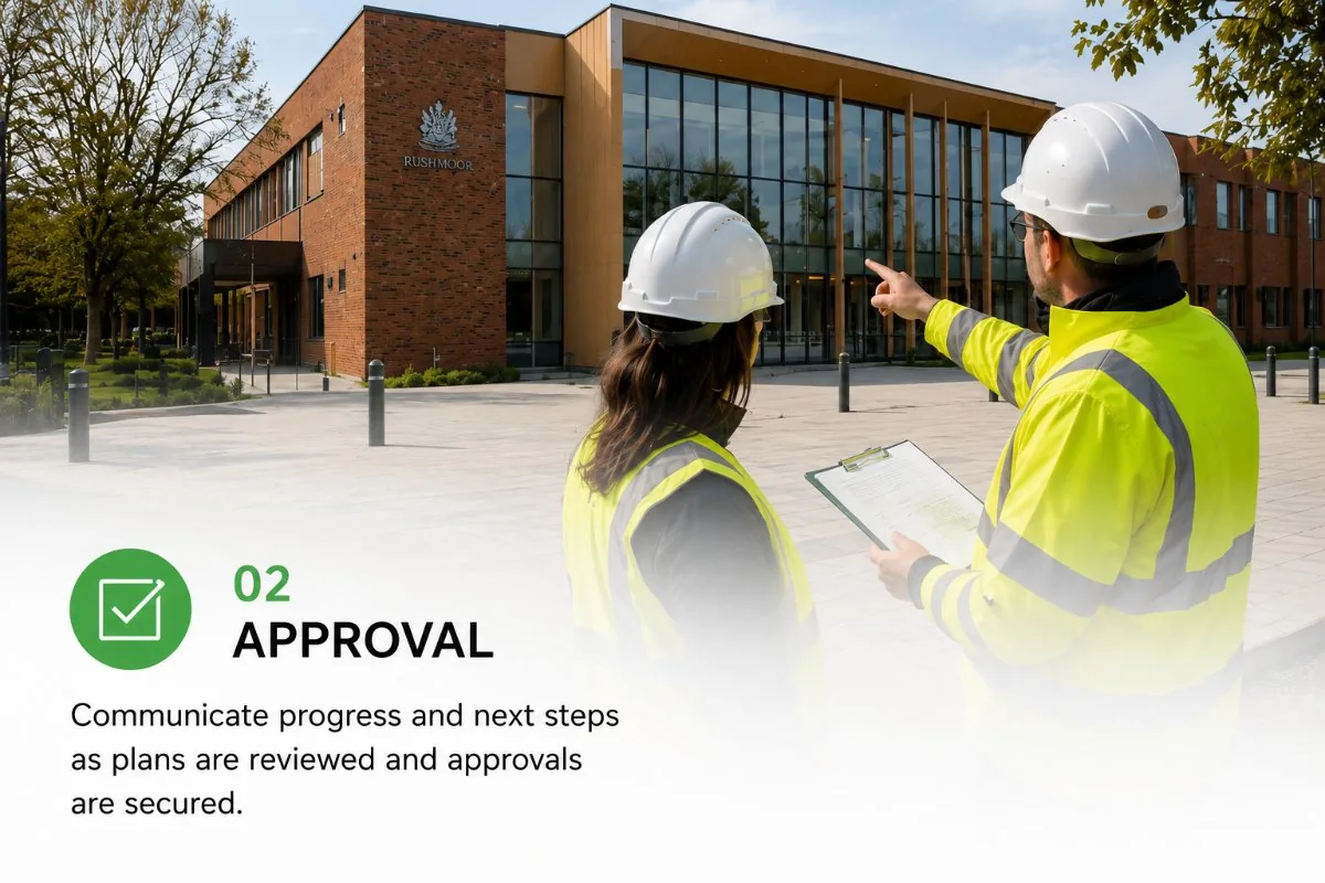 Construction stage communication visual showing site works and project update activity