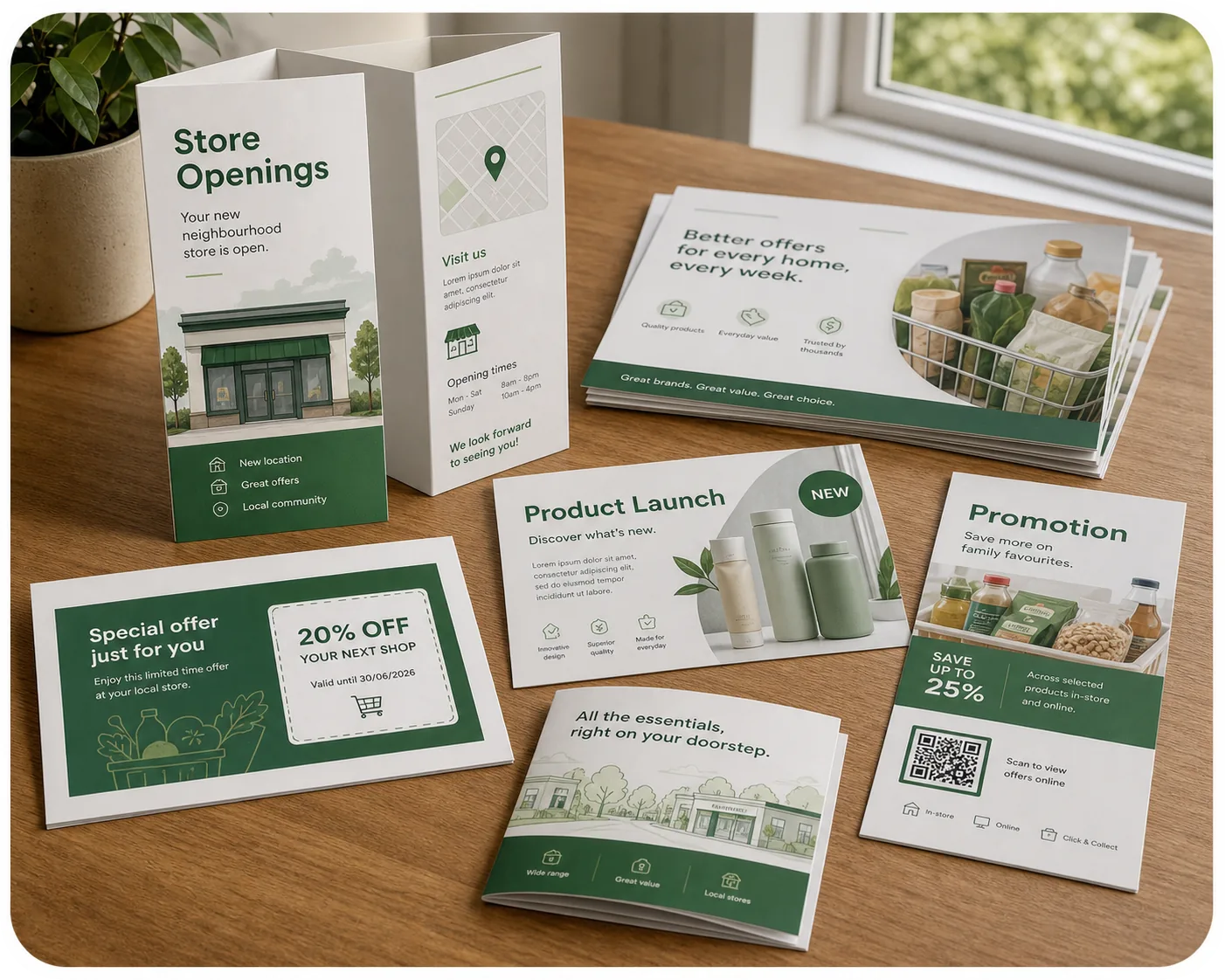 Retail campaign pamphlets and leaflets for store openings, product launches and promotions