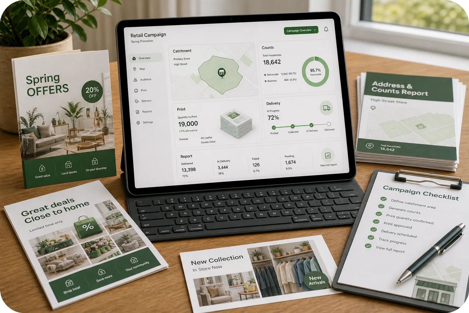 Retail campaign dashboard showing catchment planning, counts, print, delivery and reporting in one workflow