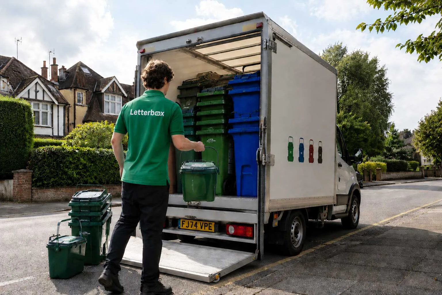 Letterbox operative unloading food waste caddies from an electric van