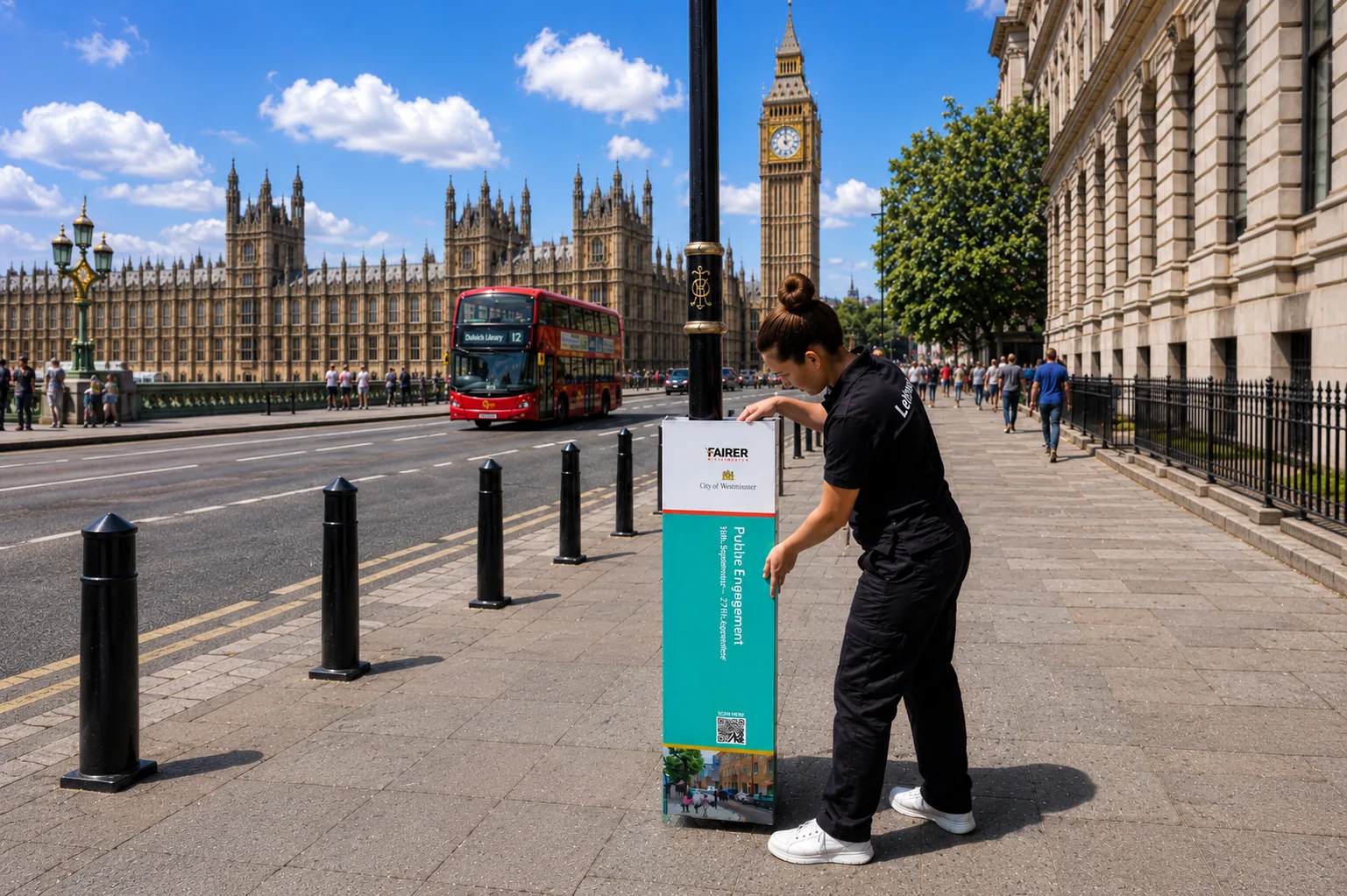 A Letterbox team member installing a public engagement lamp wrap on a Westminster lamp post, with the Houses of Parliament and a London bus in the background