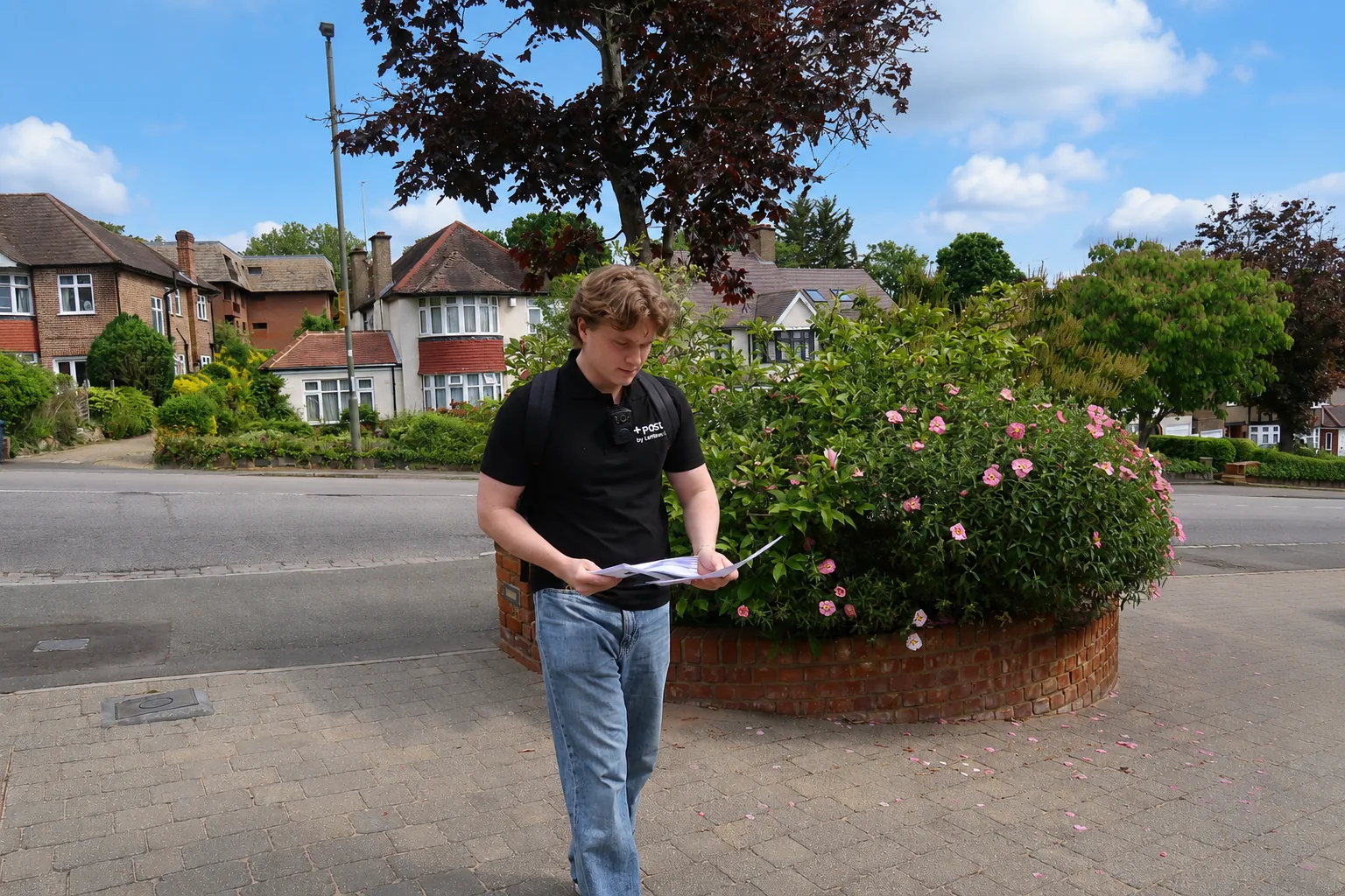+POST delivery operative reviewing campaign letters on a residential street.