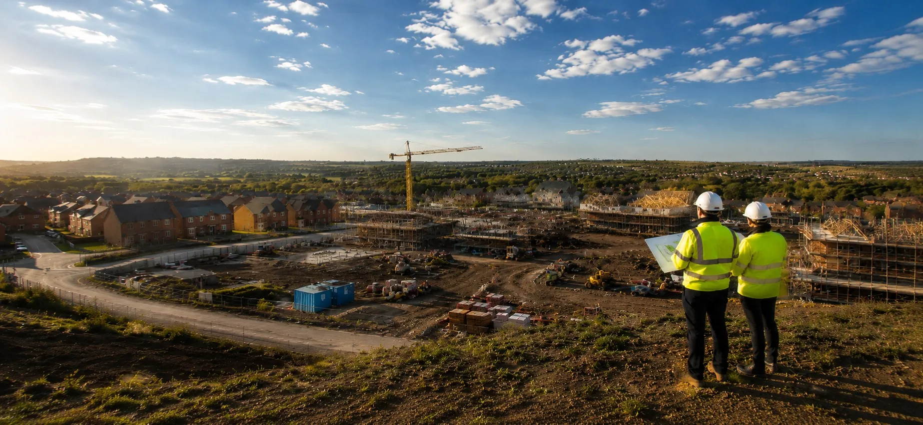 Two construction professionals in hi-vis overlooking a residential development site at golden hour, with a tower crane and new homes under construction