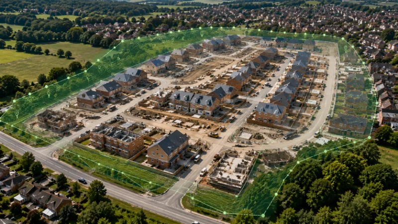 Aerial view of a housing development under construction with a mapped engagement boundary