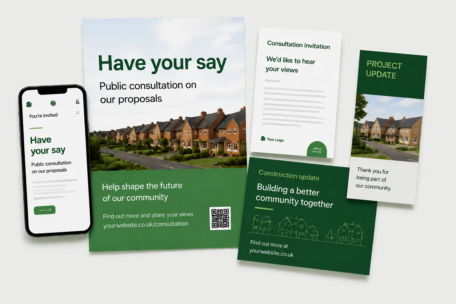 Development communication materials across mobile, print and project updates