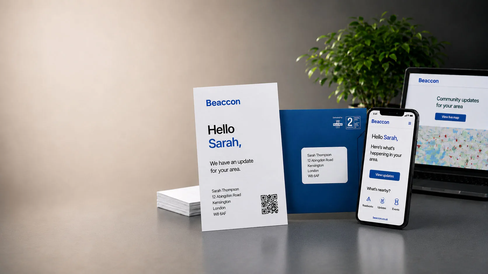 Beaccon letter, envelope, mobile app and laptop showing community digital communications