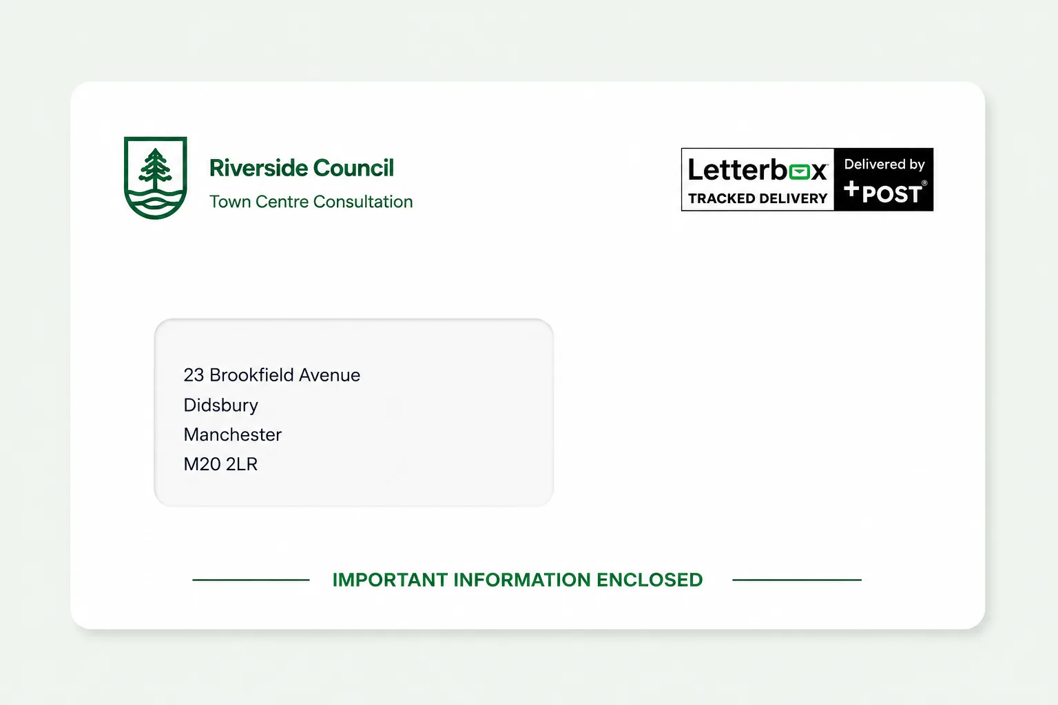 Branded envelope addressed to a Manchester resident, showing the Riverside Council crest, Letterbox tracked delivery and +POST stamps, and an Important Information Enclosed footer