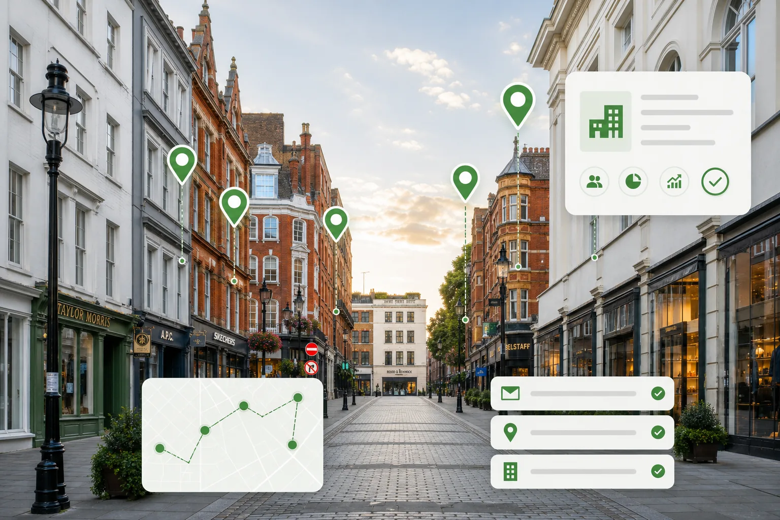UK high street with business data mapping overlays