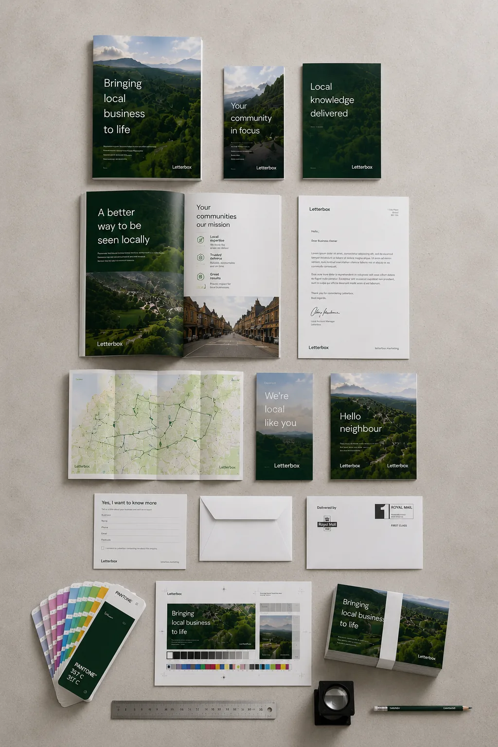 Printed Letterbox campaign formats including leaflets, brochures, letters, maps and envelopes arranged for print fulfilment.