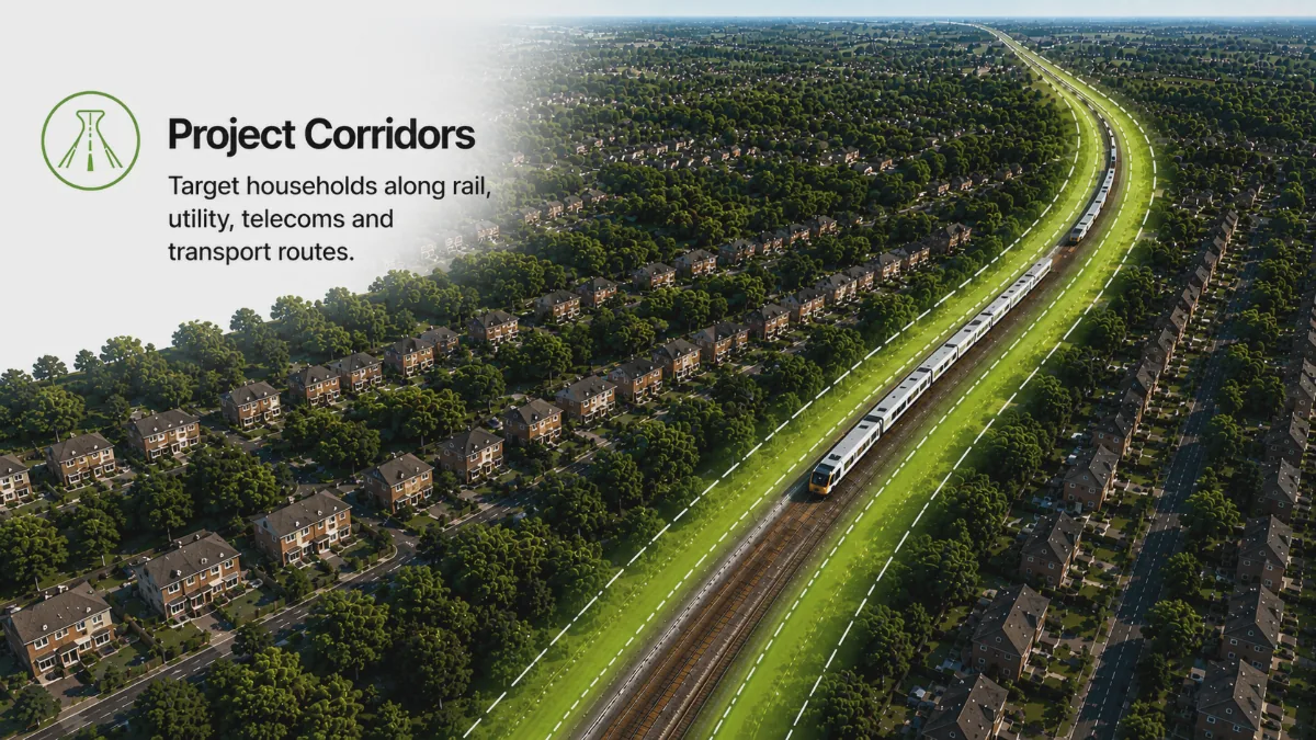 Project Corridors — target households along rail, utility, telecoms and transport routes