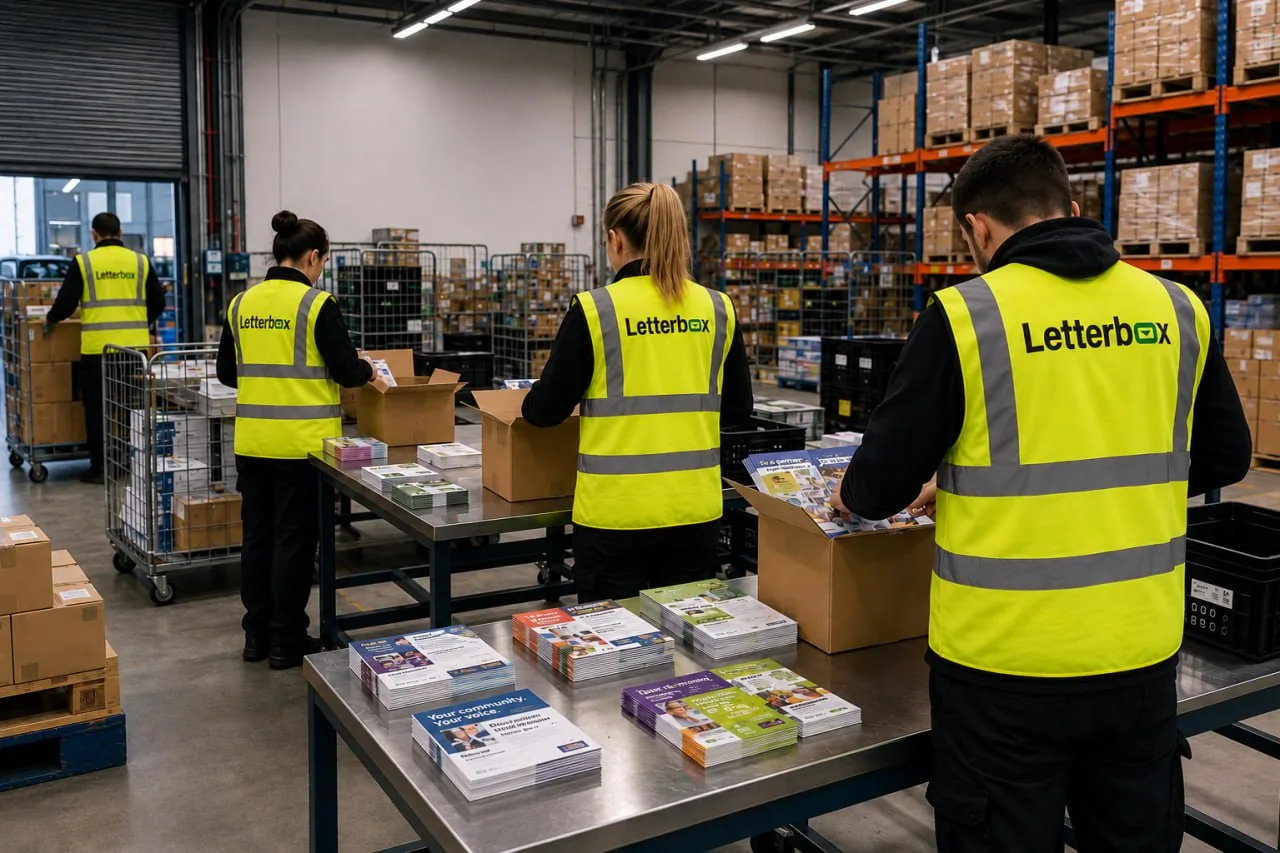 Letterbox warehouse team in hi-vis vests hand-packing campaign materials into boxes at packing stations