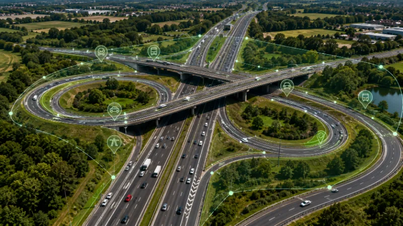 Aerial view of a motorway interchange with mapped infrastructure network connections