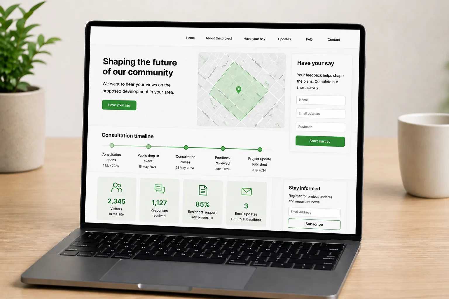 Letterbox consultation website on a laptop showing project timeline, survey form and response stats