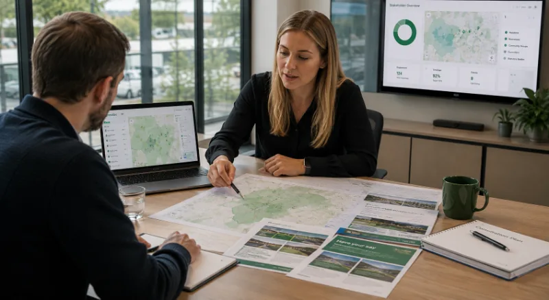 Consultation team reviewing a mapped campaign area with Letterbox platform data on screen