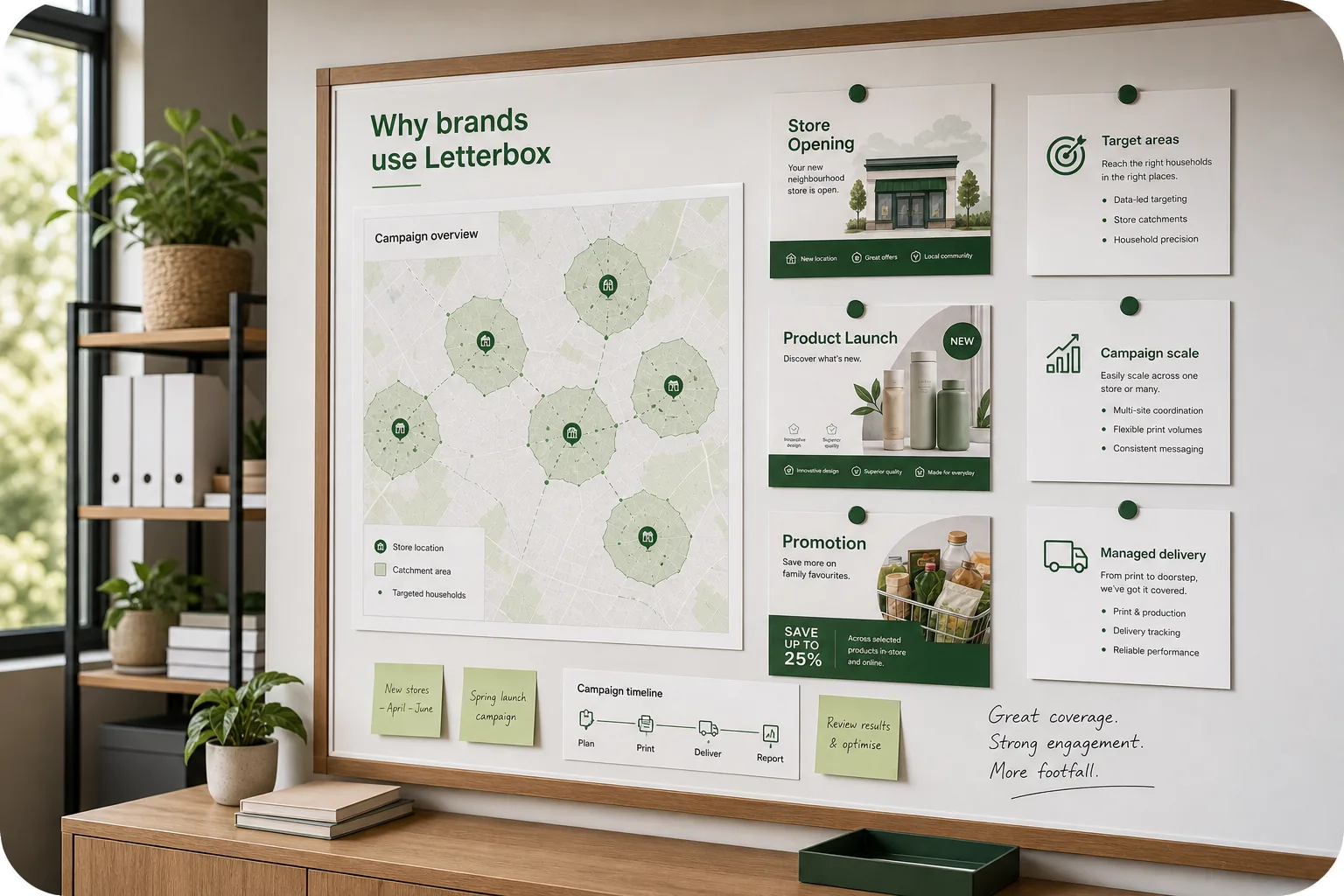 Retail campaign planning board showing target areas, campaign scale and managed delivery