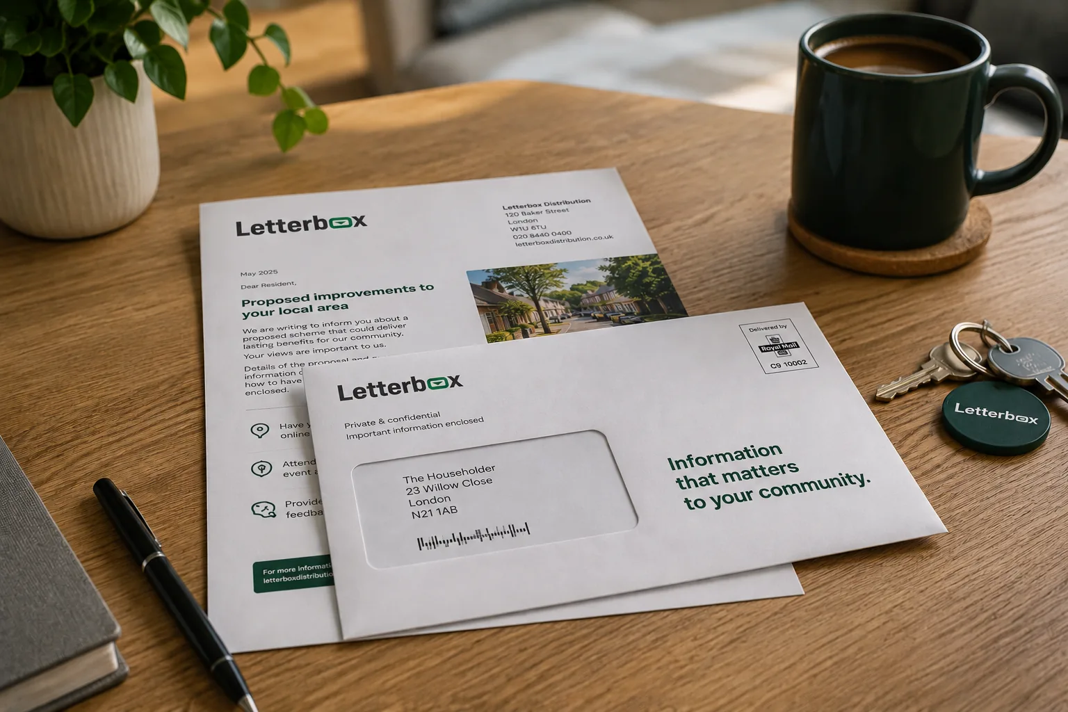Letter drop pack and addressed envelope on a table