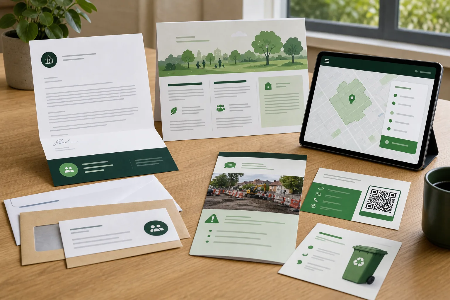 Public sector resident communication materials with consultation letters, service updates and mapping tablet