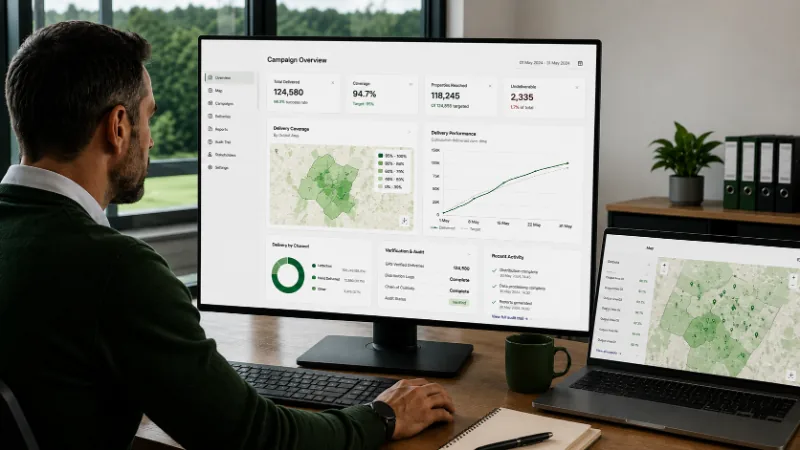 Campaign Overview dashboard showing delivery coverage, verification and audit reporting