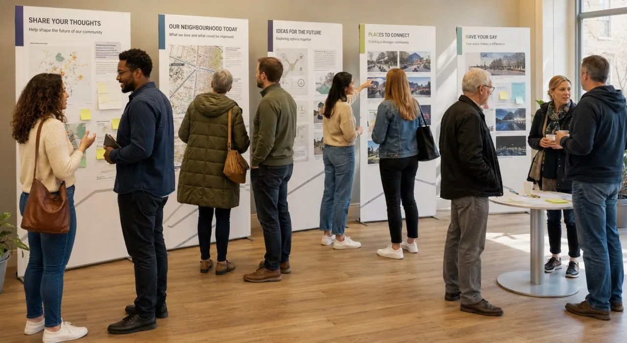 Members of the public viewing consultation boards at a community exhibition
