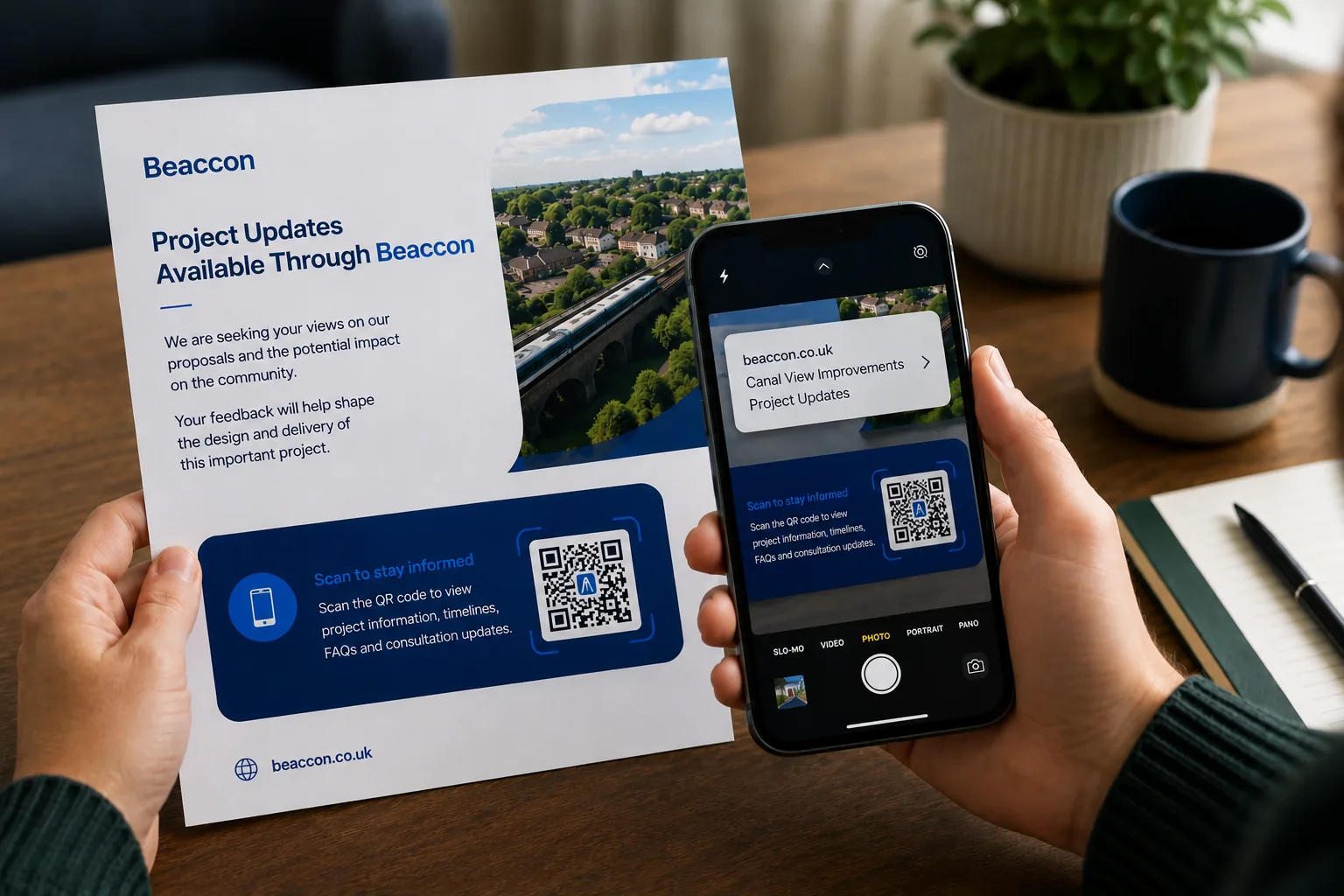 A QR-coded Beaccon consultation leaflet being scanned with a phone