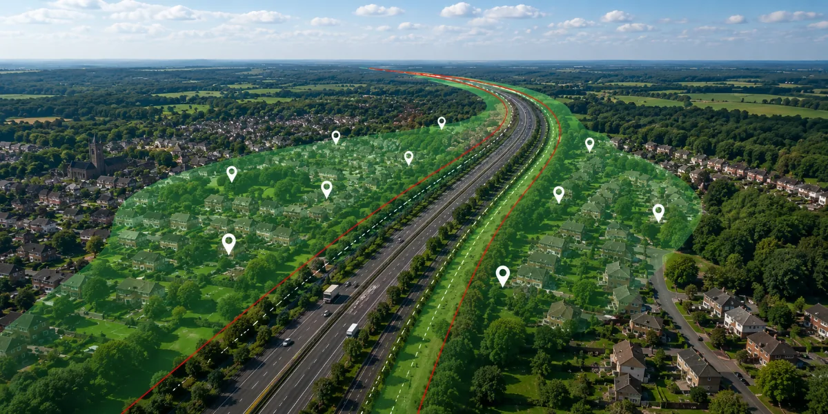 Aerial view of a scheme corridor with mapped consultation zones and stakeholder pins