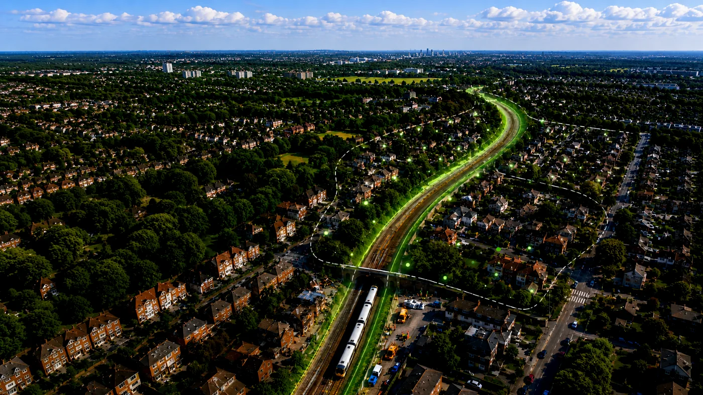 Aerial view of a rail corridor through residential streets with a mapped notification zone and works traffic below