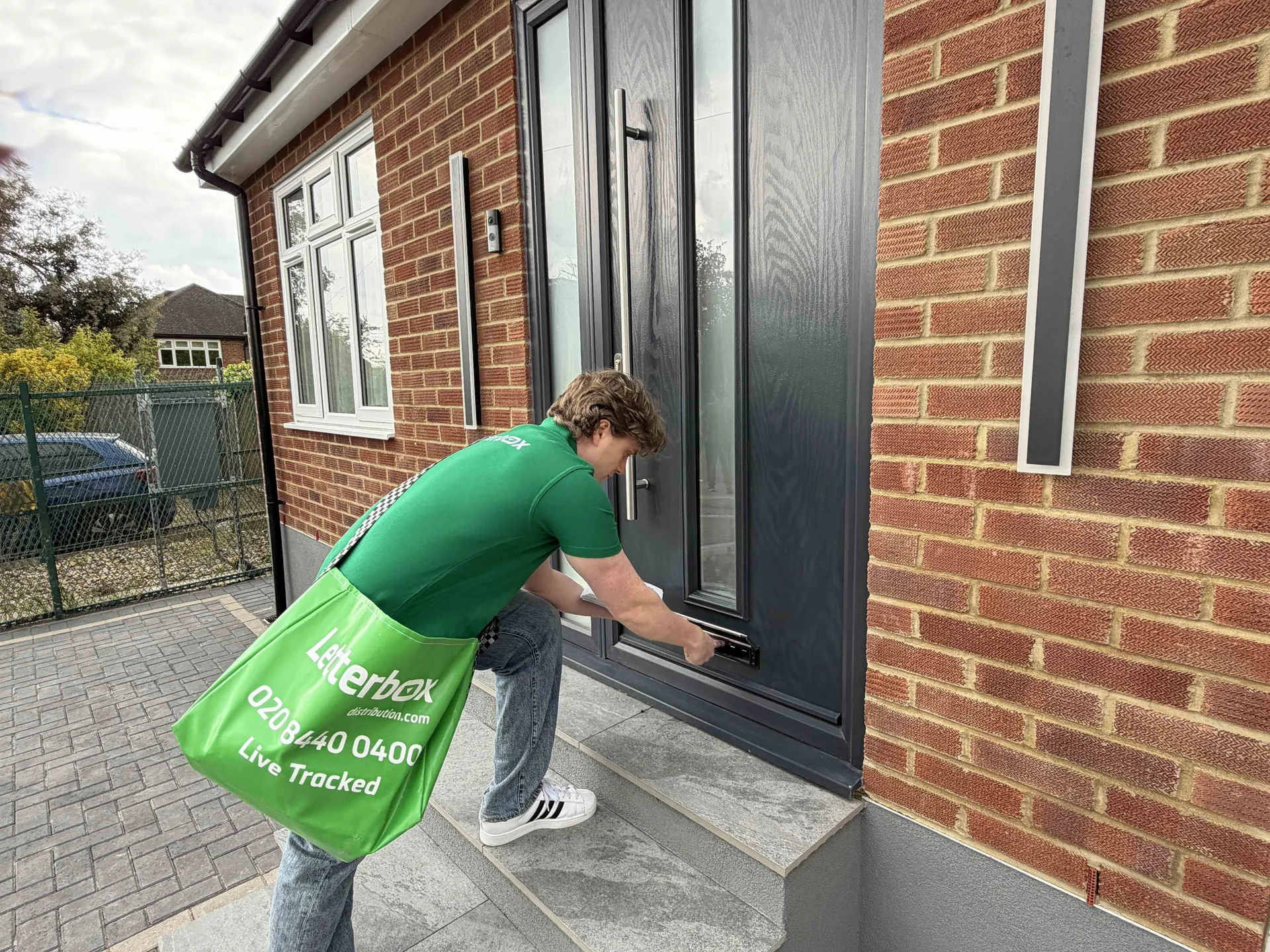 Letterbox operative delivering campaign materials through a residential letterbox