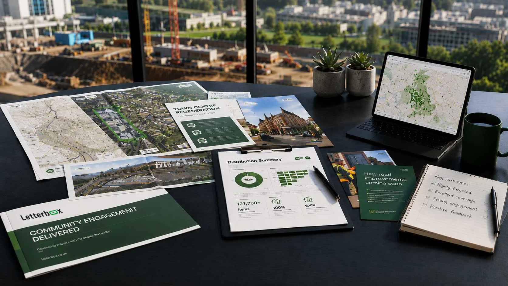 Letterbox campaign materials, maps and an Engage tablet on a meeting table overlooking a major development site