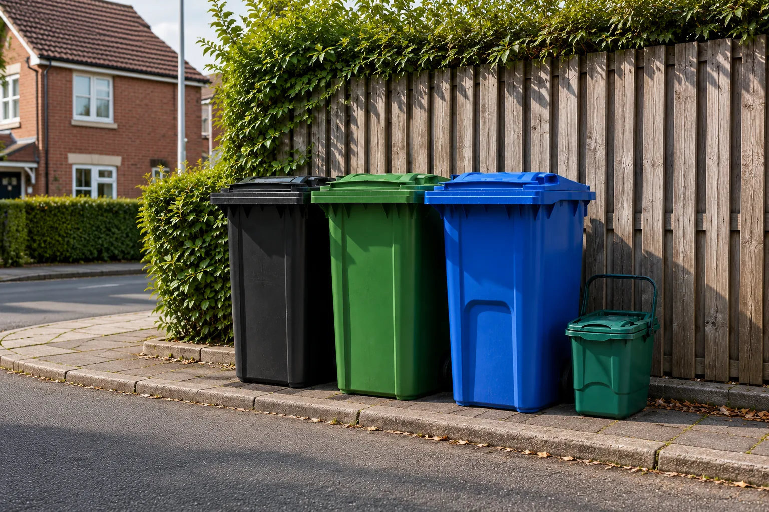 Black, green and blue wheelie bins with a food caddy lined up on a residential street on collection day