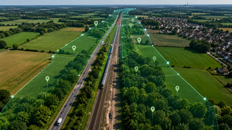 Aerial view of a scheme corridor with mapped impact zones and stakeholder pins