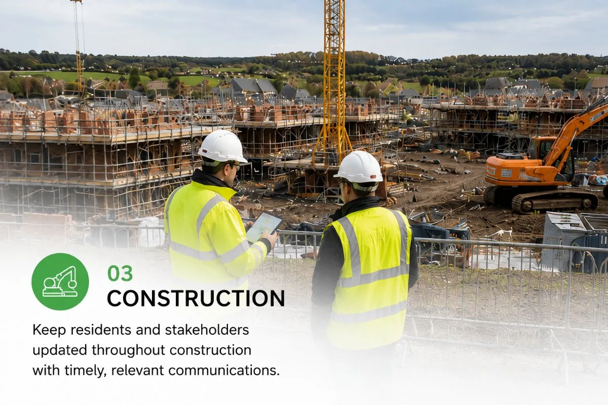 Approval stage communication visual showing construction professionals reviewing an approved development site