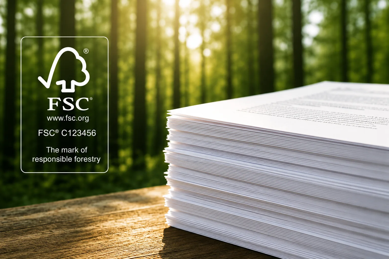 FSC responsible forestry mark beside a stack of printed paper in a sunlit forest