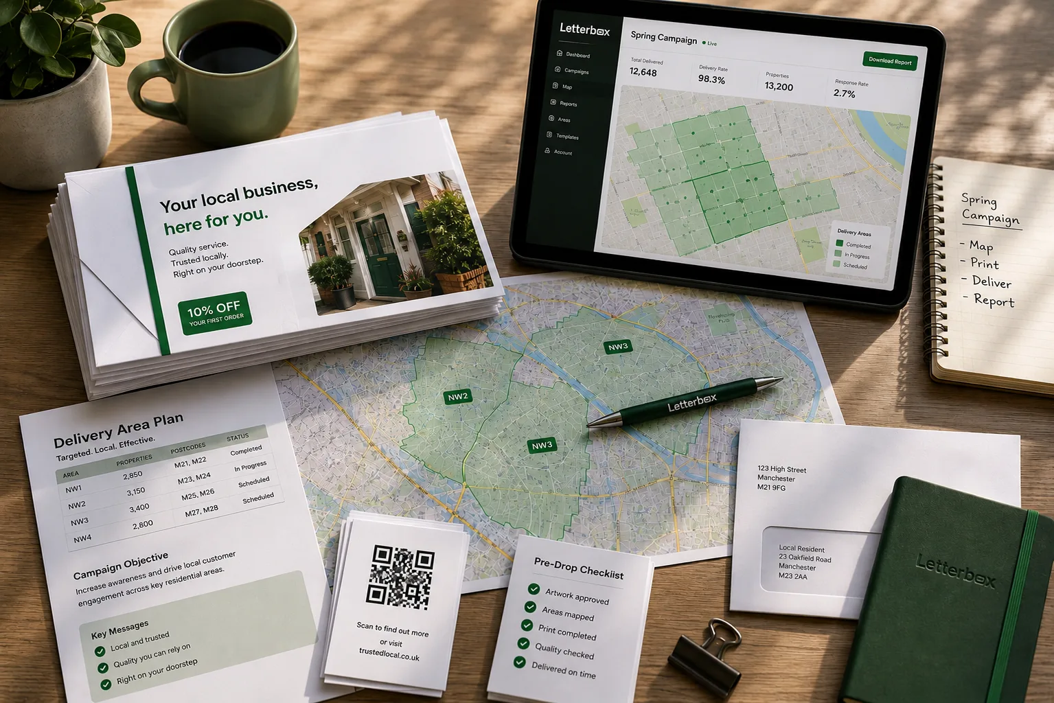 Letterbox campaign materials including map, letters and reporting dashboard