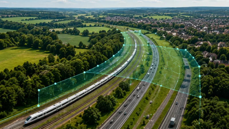 Aerial view of a rail and road corridor with a mapped consultation boundary