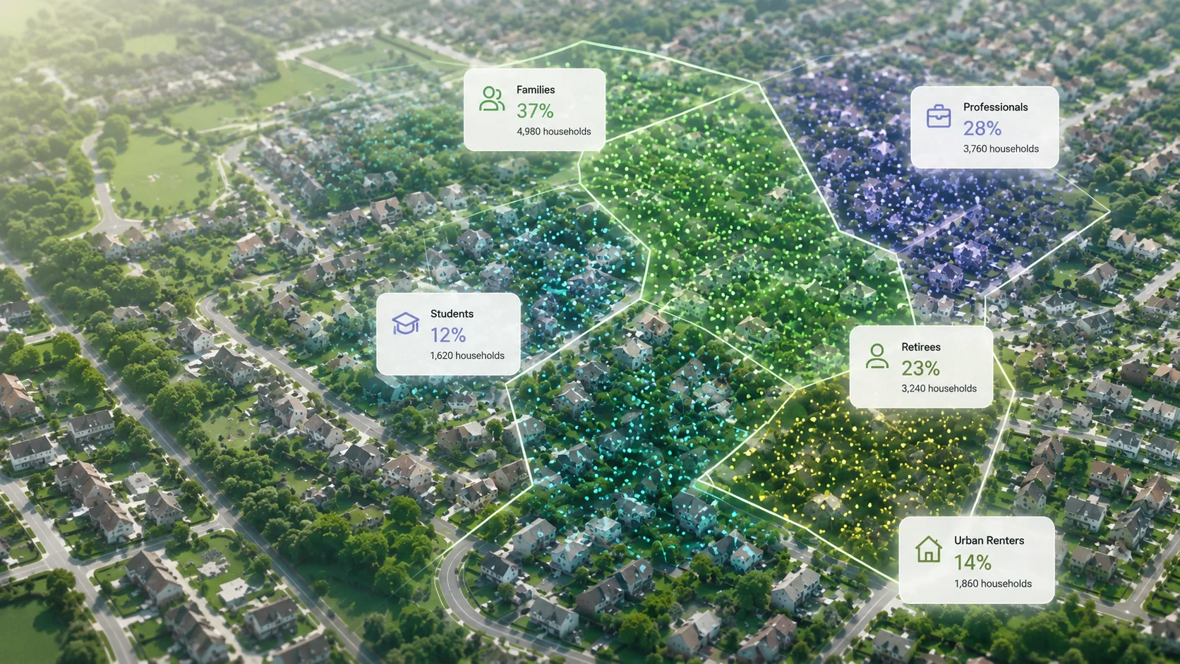 Aerial view of a neighbourhood segmented into audience profiles with household data overlays
