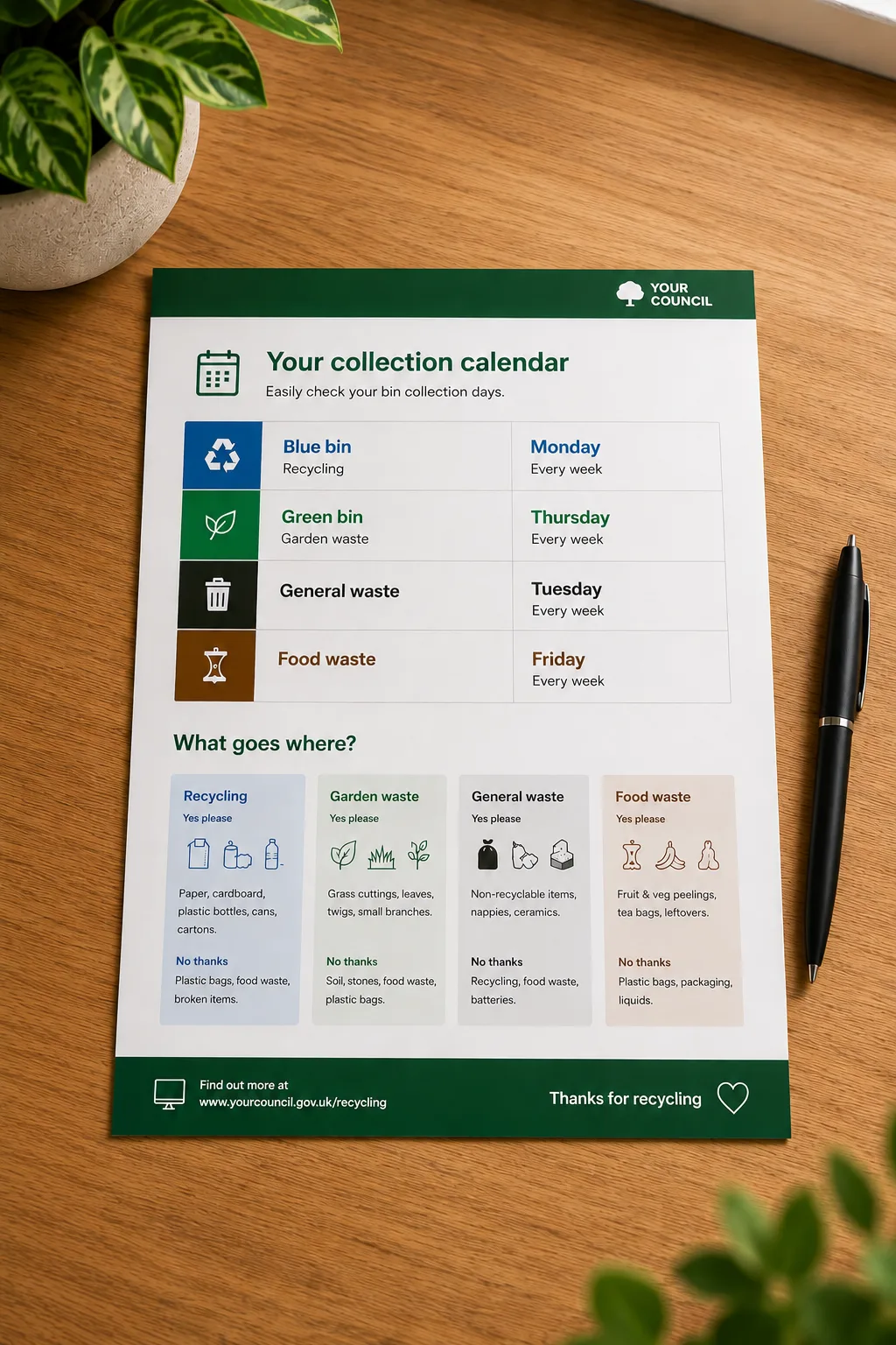 Sample recycling collection calendar leaflet on a desk