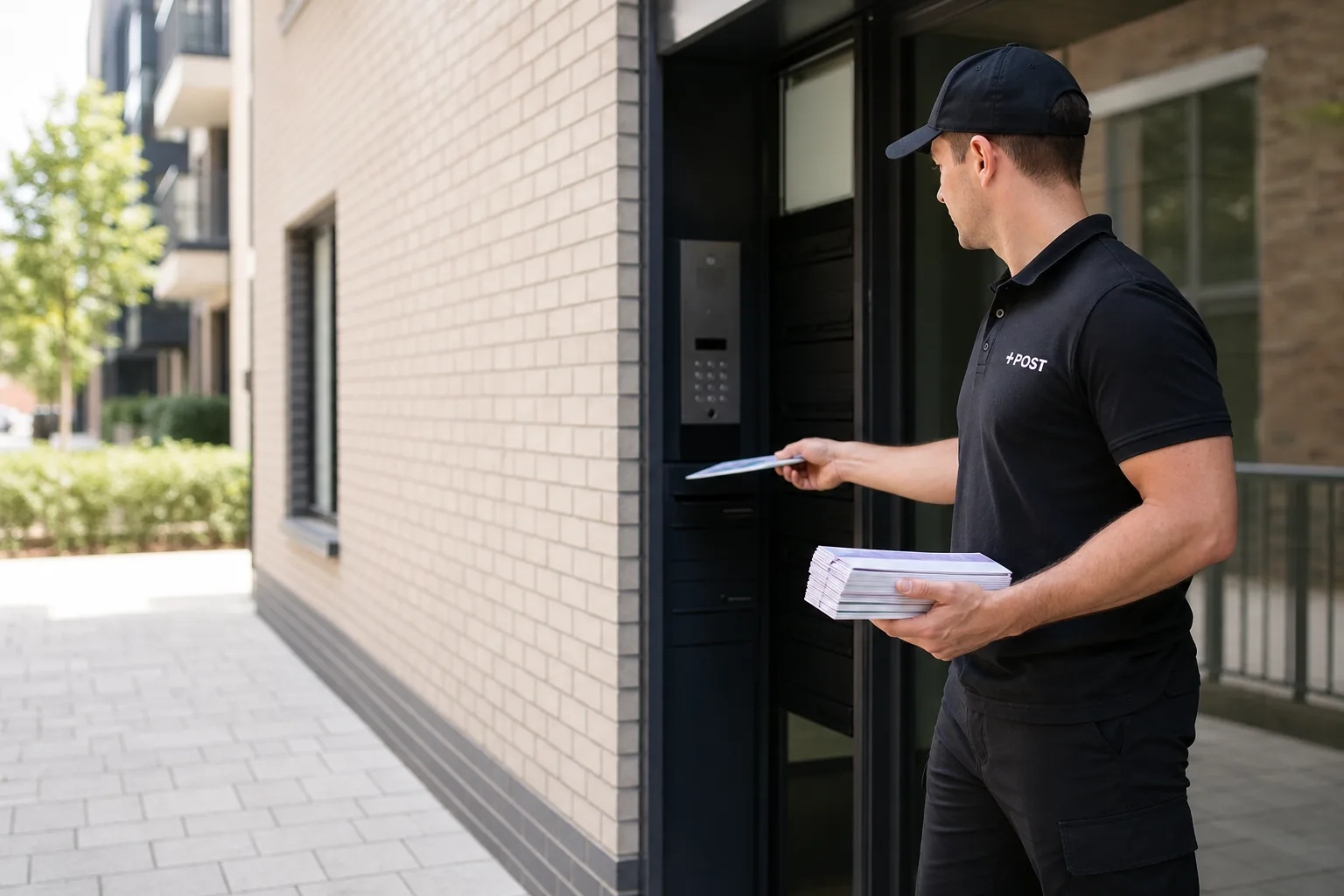 Letterbox +POST operative delivering leaflets in a UK residential area