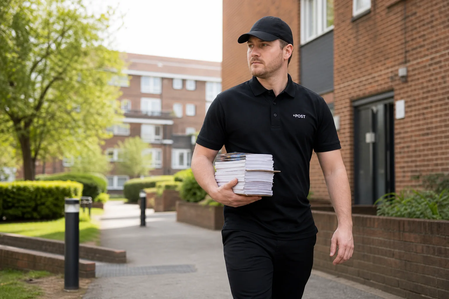 Letterbox +POST operative delivering leaflets in a UK residential area