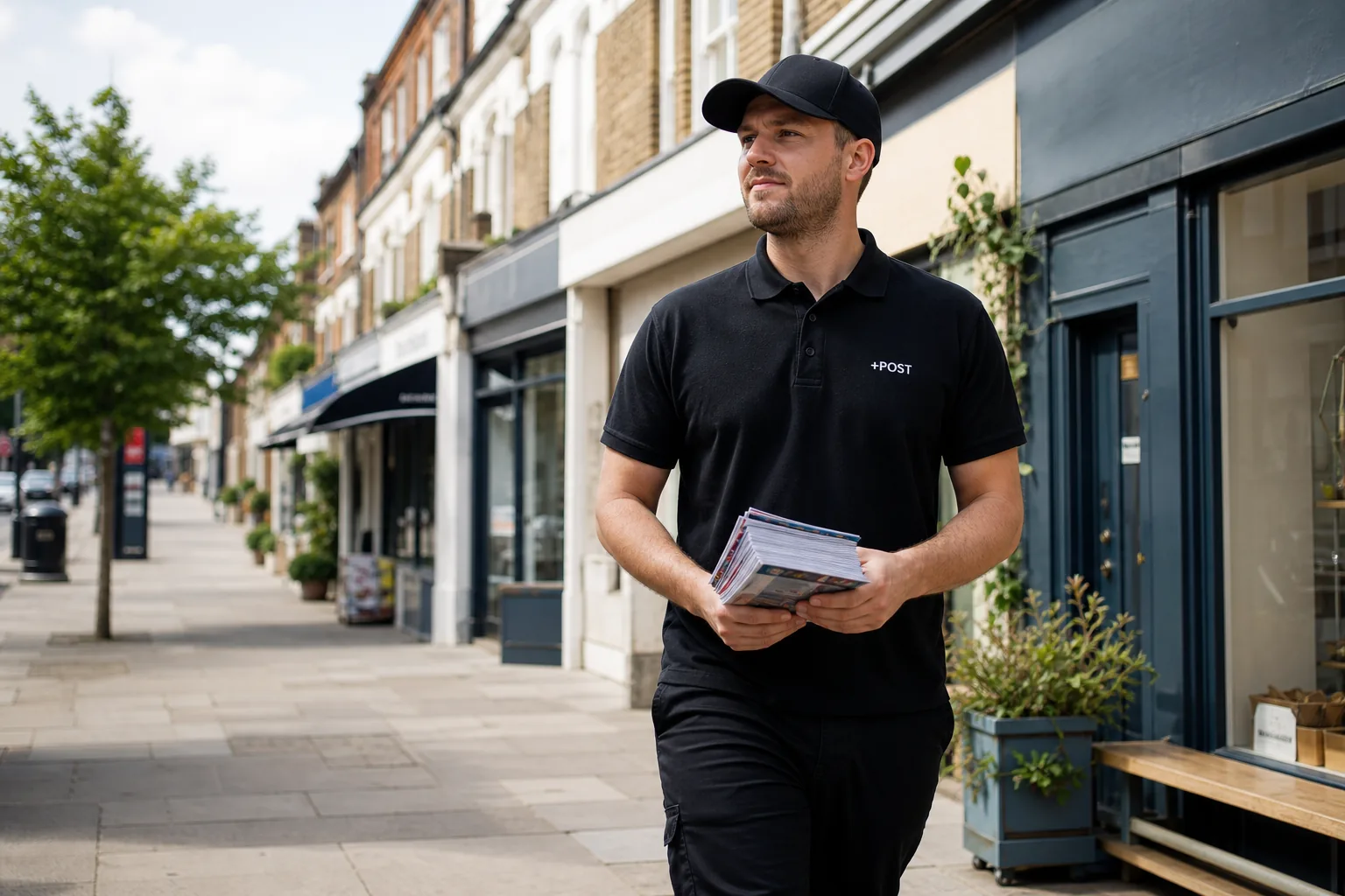 Letterbox +POST operative delivering leaflets in a UK residential area