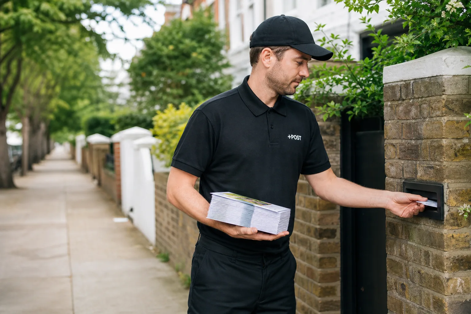 Letterbox +POST operative delivering leaflets in a UK residential area